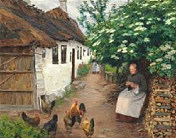 June Day With A Peasant Woman Knitting Under The Elder Tree In Bloom Oil Painting by Hans Andersen Brendekilde