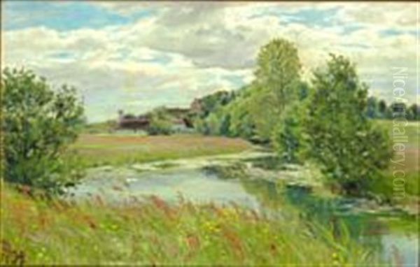 Summer Day Near Odense River With Dalum Monastery In The Background Oil Painting by Hans Andersen Brendekilde