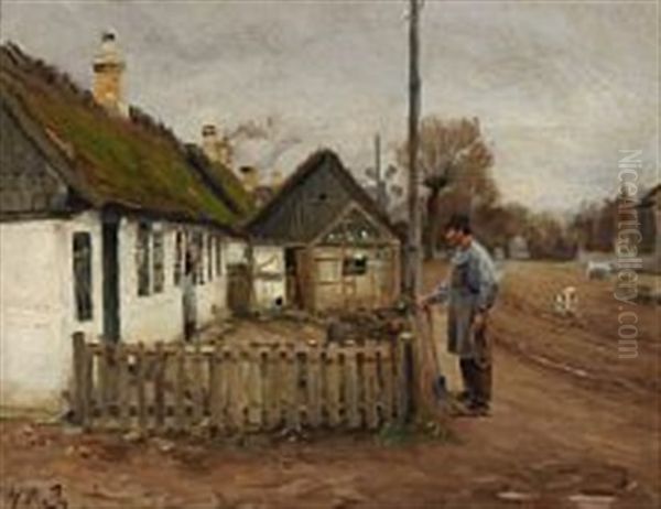 A Man And A Woman Talking At The Picket Fence Oil Painting by Hans Andersen Brendekilde