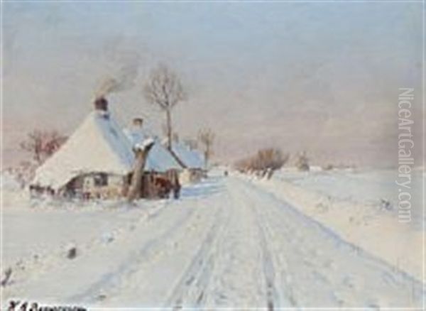 Winter Landscape At A Village Road Oil Painting by Hans Andersen Brendekilde