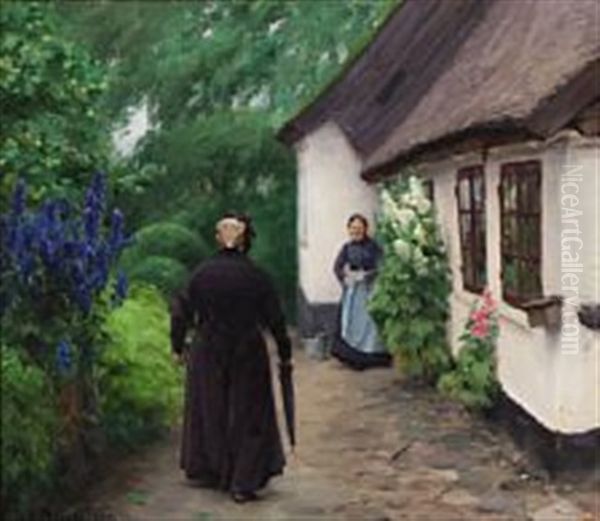 Two Elderly Women In Front Of A Cottage On A Quiet Summer Day Oil Painting by Hans Andersen Brendekilde