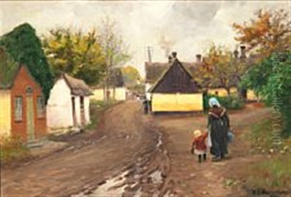 Mother And Child With A Milk Bucket In The Village Oil Painting by Hans Andersen Brendekilde