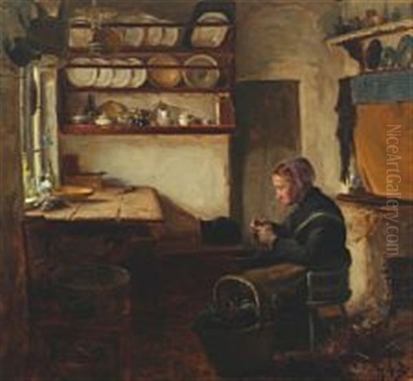 Woman Ribs Elderberries In A Kitchen Oil Painting by Hans Andersen Brendekilde