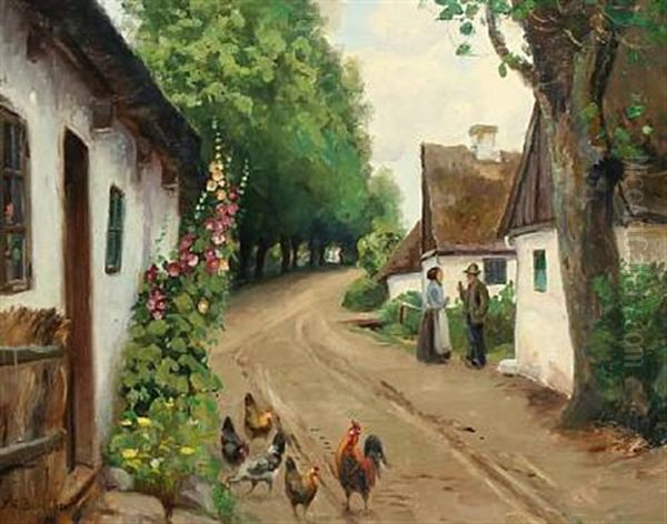 Village Scene With Conversation And A Flock Of Chicken Oil Painting by Hans Andersen Brendekilde