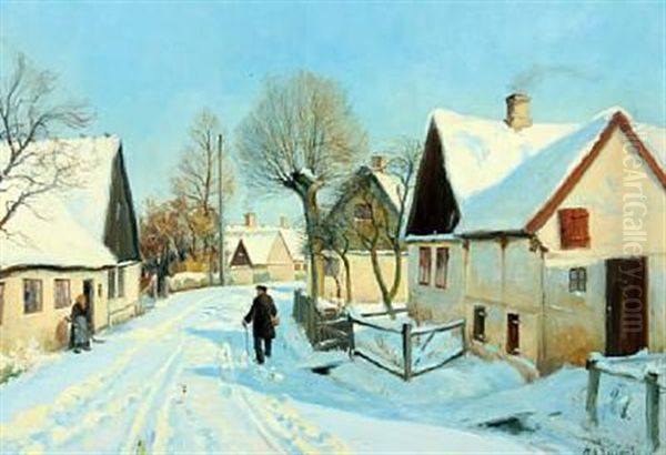 Snow-clad Village Scene Oil Painting by Hans Andersen Brendekilde