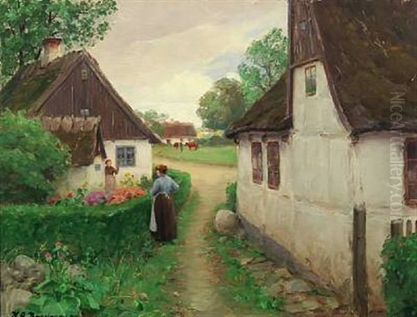 Village Scenery With Conversation Over The Hedge On A Nice Summer Day Oil Painting by Hans Andersen Brendekilde