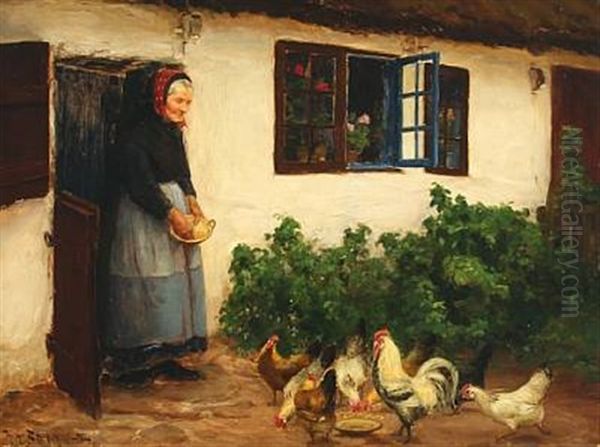 An Old Woman Is Feeding Her Chicken In Front Of A White House Oil Painting by Hans Andersen Brendekilde