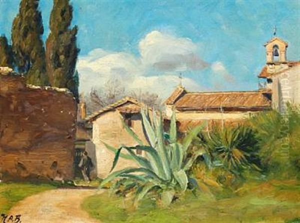 Italian Cloister Garden With A Large Aloe Oil Painting by Hans Andersen Brendekilde