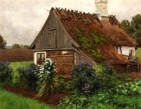 Summer Day At A Thatched Cottage Oil Painting by Hans Andersen Brendekilde