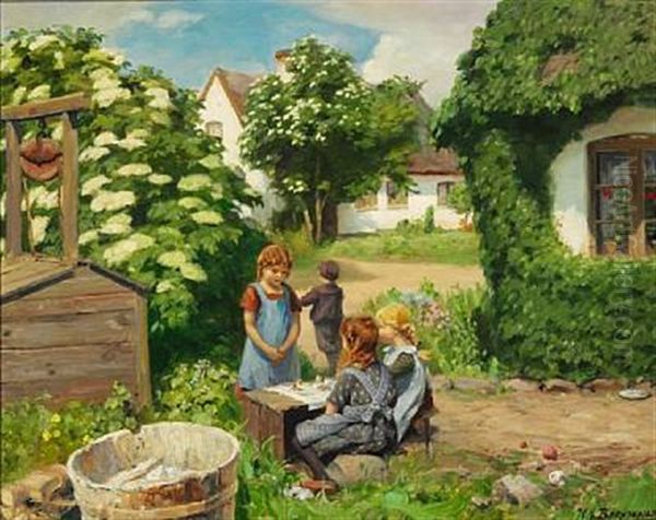 Little Girls Having A Tea Party Among Elder Bushes In Bloom Oil Painting by Hans Andersen Brendekilde