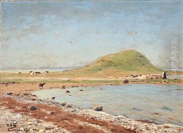 Beach Scene With Sheep And A Walking Man Oil Painting by Hans Andersen Brendekilde