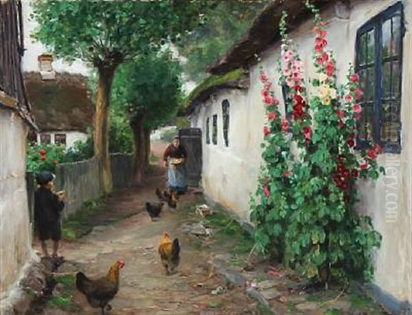 An Old Woman Feeding Chickens Outside Her House Oil Painting by Hans Andersen Brendekilde