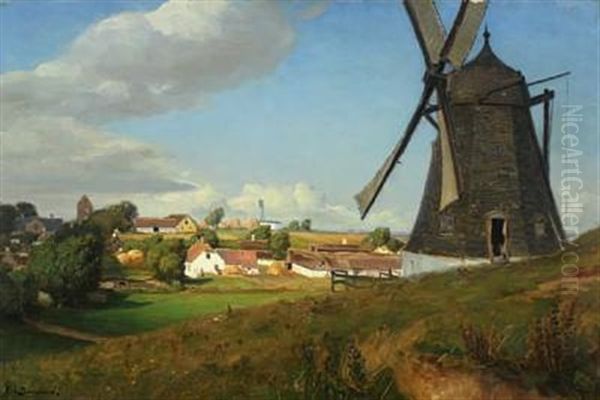 Landscape With Windmill And Houses Oil Painting by Hans Andersen Brendekilde