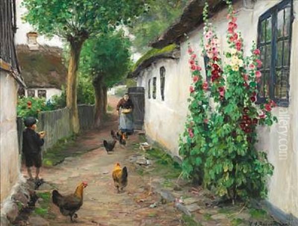 An Old Woman Feeding Chickens Outside Her House While A Little Boy Is Watching Oil Painting by Hans Andersen Brendekilde