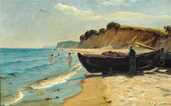 Summer Day At The Beach With Boys Bathing And A Fisherman At His Boat Oil Painting by Hans Andersen Brendekilde