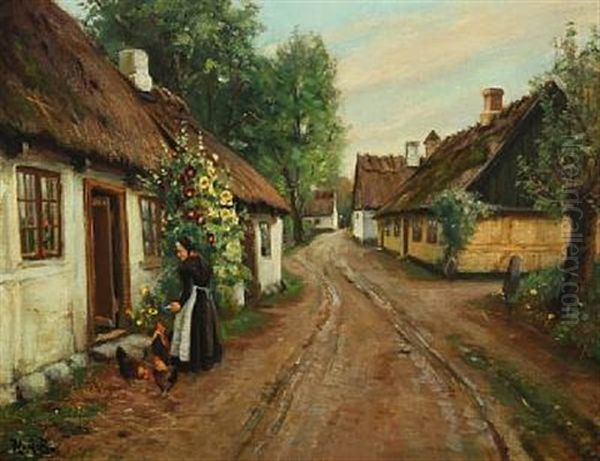 Village Scenery With A Woman Feeding The Hens Oil Painting by Hans Andersen Brendekilde