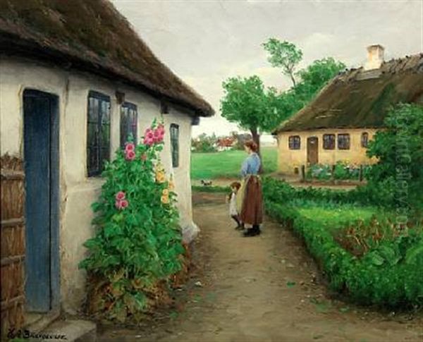 Farm Scenery With Mother And Daughter Oil Painting by Hans Andersen Brendekilde