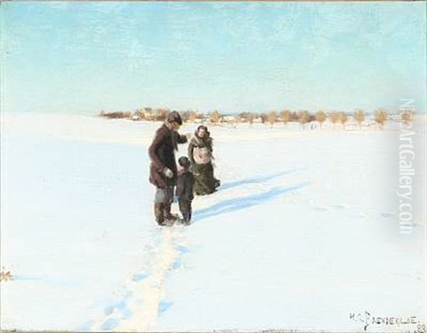 Family Walking In A Snowy Landscape Oil Painting by Hans Andersen Brendekilde