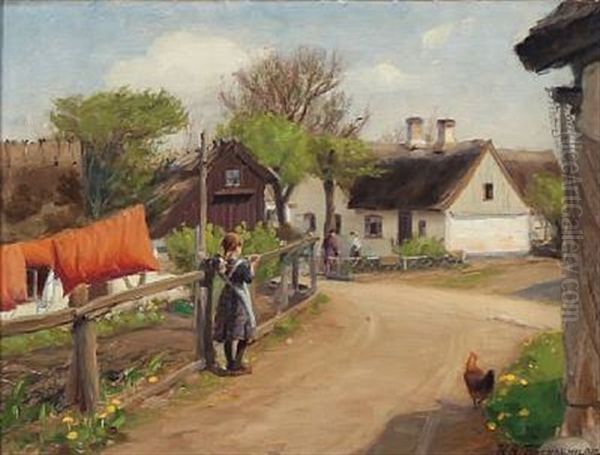 Spring In The Village With Yellow Dandelions And Red Quilts Hanging In The Fresh Air Oil Painting by Hans Andersen Brendekilde