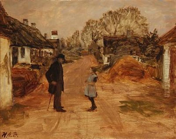 Village Street With A Girl And A Man In Conversation Oil Painting by Hans Andersen Brendekilde