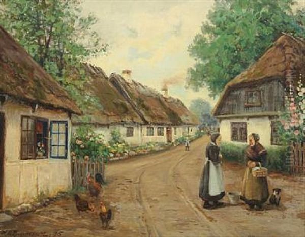 Village Scenery With Two Women Talking In The Street Oil Painting by Hans Andersen Brendekilde