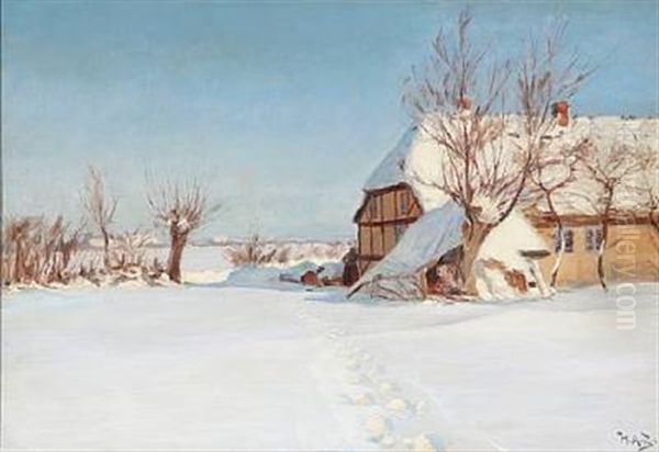 Footprints In The Snow At A Farmhouse On The Countryside Oil Painting by Hans Andersen Brendekilde