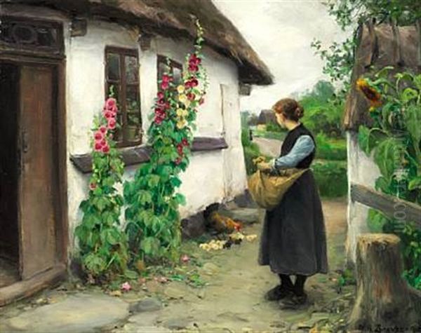 A Girl Is Looking At A Hen With Chickens Oil Painting by Hans Andersen Brendekilde