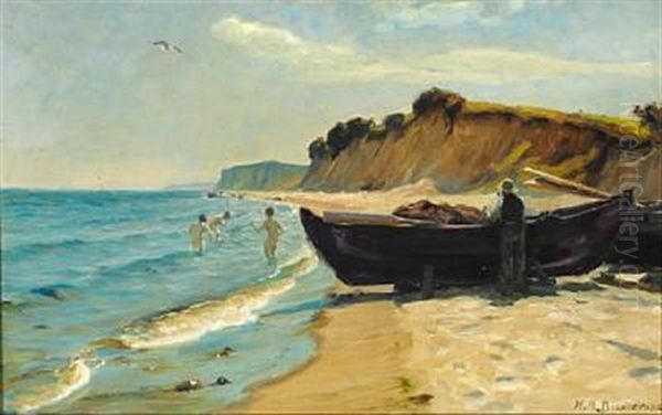 Summer Day At The Beach With Boys Bathing And A Fisherman At His Boat Oil Painting by Hans Andersen Brendekilde