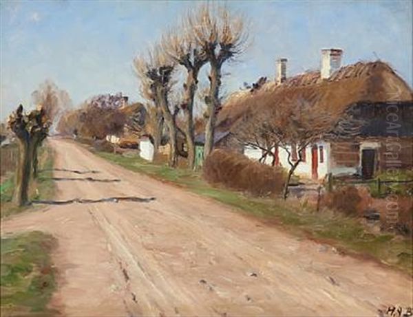 Sunny Day With A Thatched Cottage On A Country Road Oil Painting by Hans Andersen Brendekilde