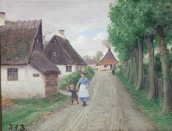 Mother And Son In A Village Street, Summer Oil Painting by Hans Andersen Brendekilde