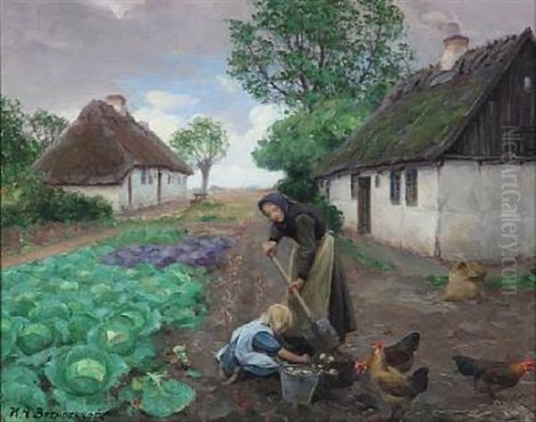 Grandmother And Granddaughter Are Digging Potatoes Near A Thatched Cottage Oil Painting by Hans Andersen Brendekilde