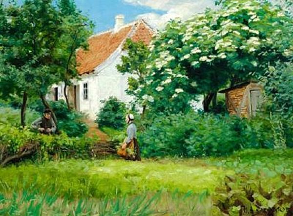 A Meeting In A Lush Garden Of A Whitewashed Cottage. The Elderberries Are In Bloom Oil Painting by Hans Andersen Brendekilde