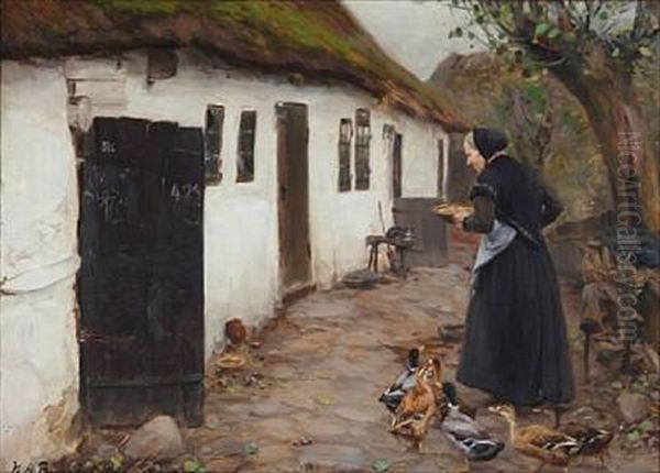 A Peasant Woman Feeding Ducks At A Whitewashed Farmhouse Oil Painting by Hans Andersen Brendekilde