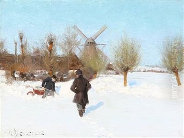 Winter Day With Two Men In The Snow Oil Painting by Hans Andersen Brendekilde