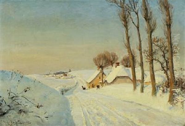 Wintry Landscape With Playing Children Oil Painting by Hans Andersen Brendekilde