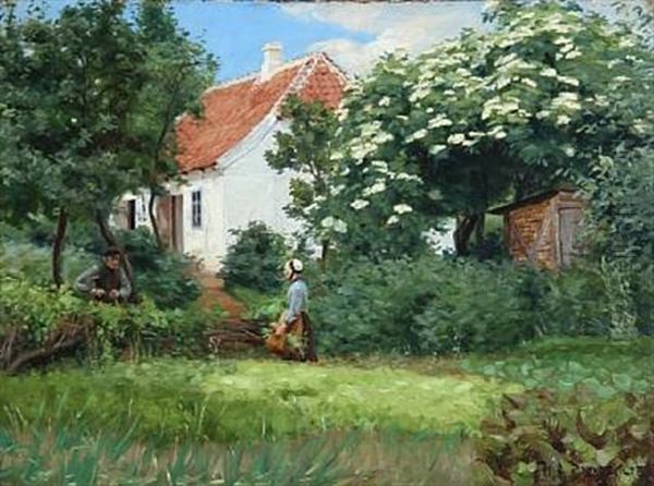 Danish Summer Idyll With Old Folks Talking At The White Country House Oil Painting by Hans Andersen Brendekilde