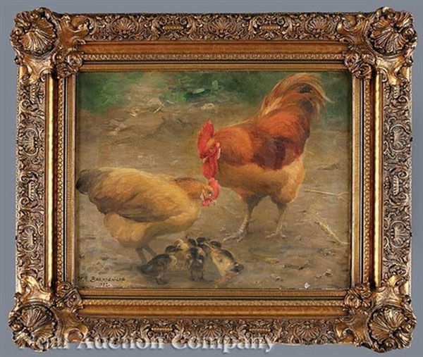 Hen, Rooster And Chicks Oil Painting by Hans Andersen Brendekilde