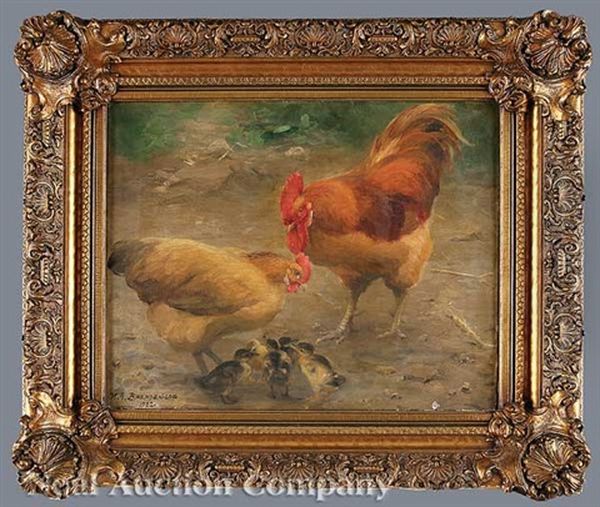 Hen, Rooster And Chicks by Hans Andersen Brendekilde