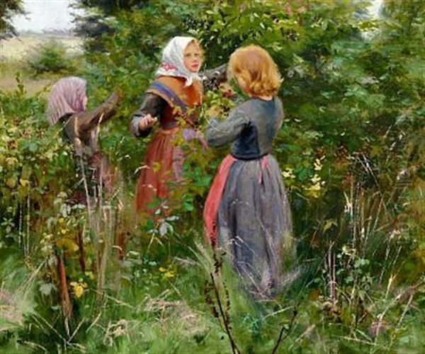 Three Little Girls Picking Blackberries Oil Painting by Hans Andersen Brendekilde