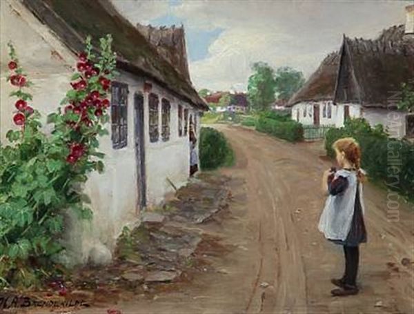 Summer Idyll In A Village With A Girl Standing In The Middel Of A Road by Hans Andersen Brendekilde