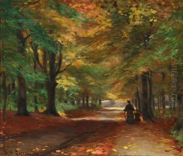 Autumn Forest With A Mother And Her Child Oil Painting by Hans Andersen Brendekilde