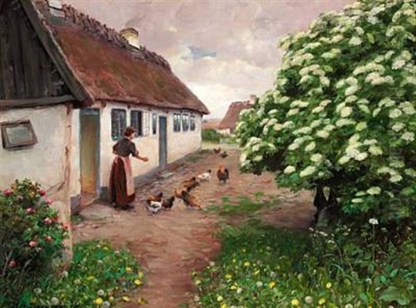 Sommermorgen - Honsene Fodres Oil Painting by Hans Andersen Brendekilde