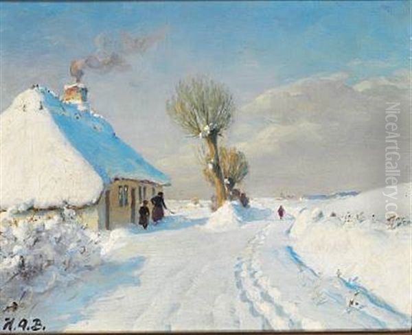 Sunny Winter Day With Mother And Child In Front Of A Cottage Oil Painting by Hans Andersen Brendekilde