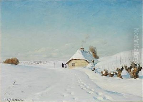 Quiet Winter Day With A Cottage In The Snow Oil Painting by Hans Andersen Brendekilde