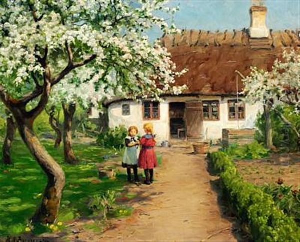 Two Little Girls In The Garden With A Kitten Under A Fruit Tree In Bloom Oil Painting by Hans Andersen Brendekilde