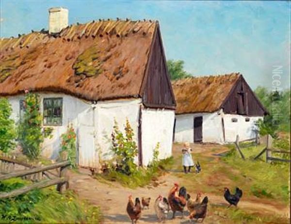 A Little Girl With A Cat And Chickens Near A Whitewashed Cottage With Thatched Roof Oil Painting by Hans Andersen Brendekilde