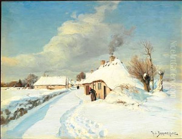 Winter Day On The Outskirts Of The Village With Snow And Sunshine Oil Painting by Hans Andersen Brendekilde