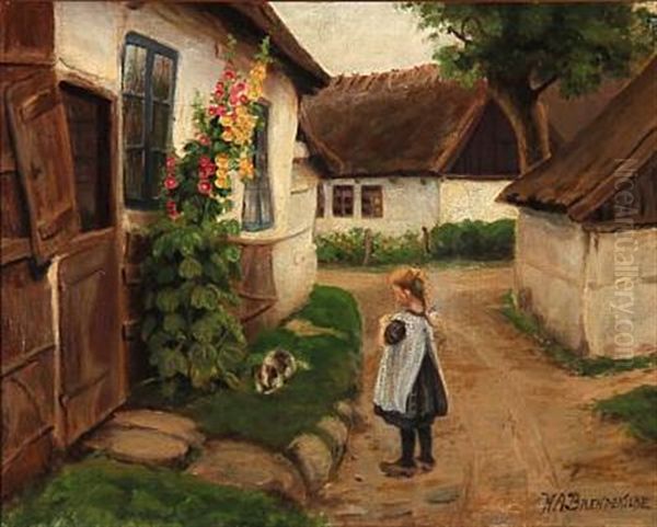 Village Scene With A Girl Playing With Her Dog Oil Painting by Hans Andersen Brendekilde