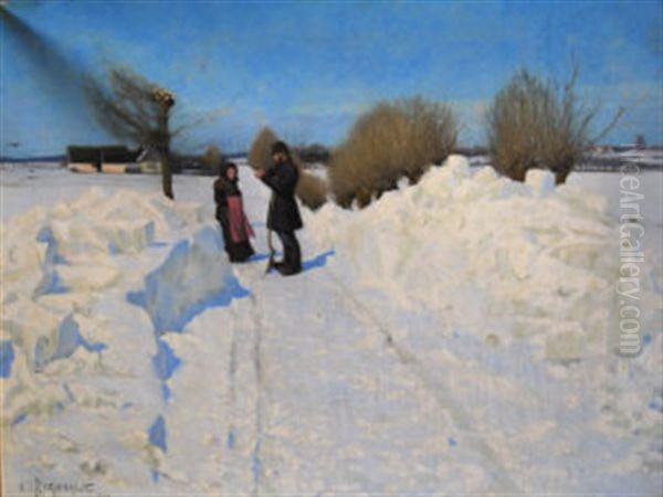 Two Figures On A Wintry Path Oil Painting by Hans Andersen Brendekilde