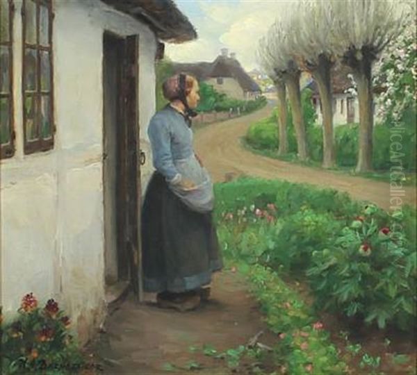 Woman In Her Flowering Garden Oil Painting by Hans Andersen Brendekilde